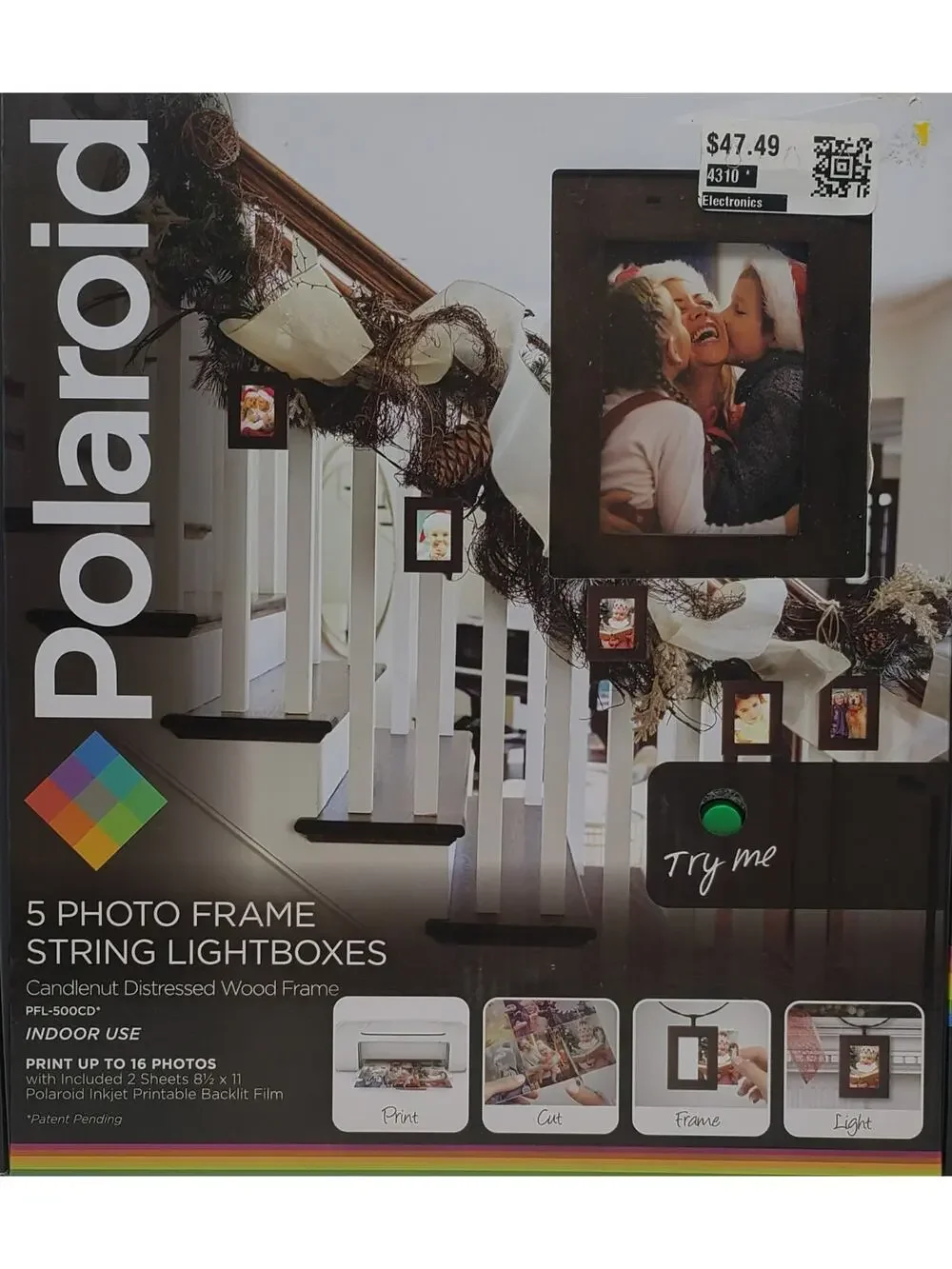 Polaroid 5-Photo Frame 12ft String LED Lightboxes -Candlenut Distressed Wood NEW